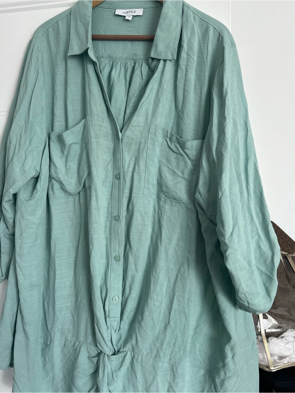 Mint Green Button-Down Tie-Front Shirt